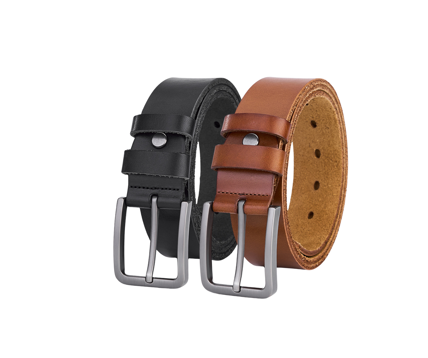 Set aus 2 luxuriösen runden Ledergürteln in Schwarz und Cognac – Vollleder, robust und langlebig Herren-Haltegurte